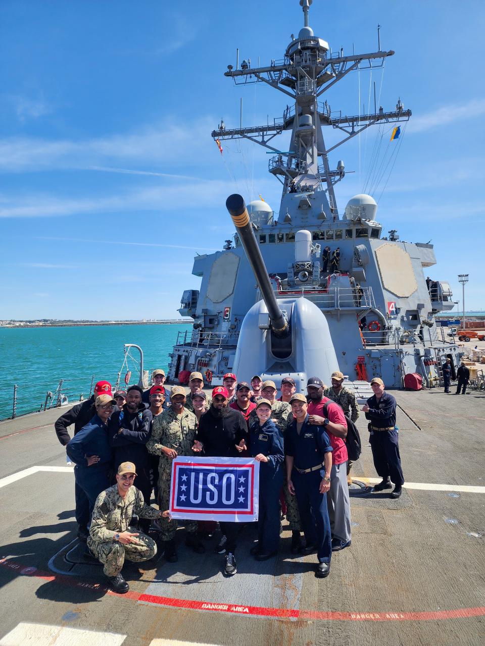 Blanco Brown on first USO tour in April 2023 aboard the USS George Bush.