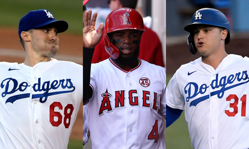 The Angels nearly traded Luis Rengifo, center, to the Dodgers in Februar.