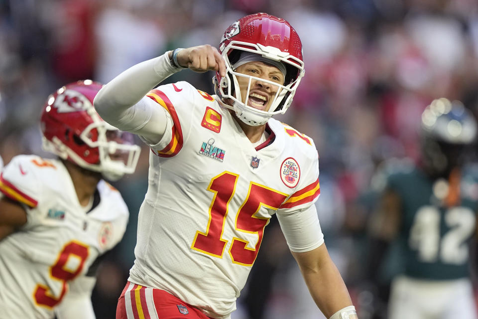 Kansas City Chiefs quarterback Patrick Mahomes (15) celebrates against the Philadelphia Eagles in Super Bowl LVII on Sunday, Feb. 12, 2023, in Glendale, Ariz. (AP Photo/Seth Wenig)