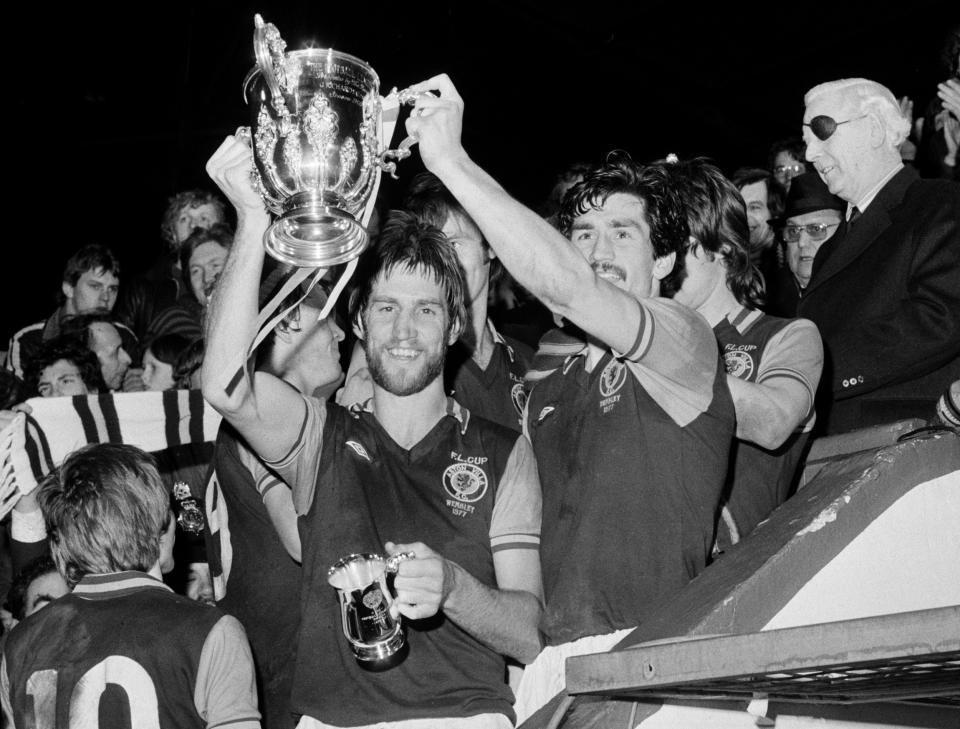 Nicholl with Dennis Mortimer after Villa's victory in the League Cup final second replay at Old Trafford in 1977