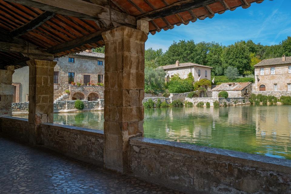 San Quirico D'Orcia. Italy. the square Of The Springs of the Bagno Vignoni thermal village.