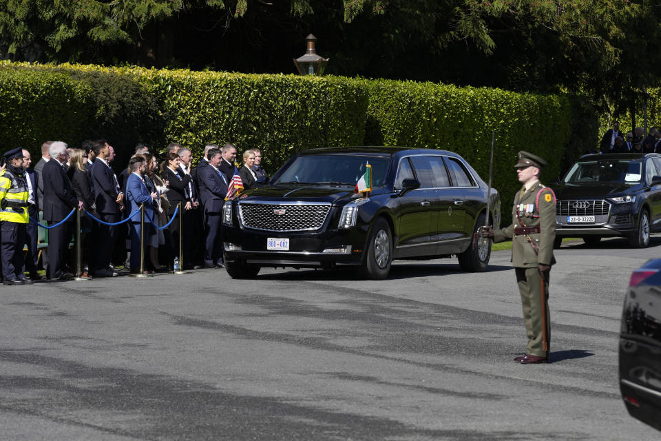 President Joe Biden arrives to meet with Irish President Michael Higgins at Aras an Uachtarain, Thursday, April 13, 2023, in Dublin. (AP Photo/Patrick Semansky)