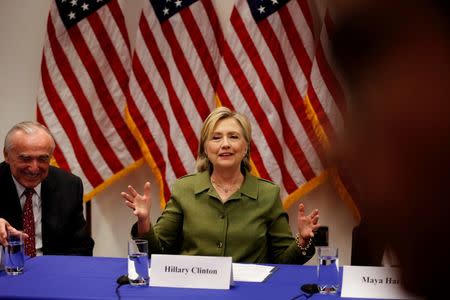 U.S. Democratic presidential nominee Hillary Clinton delivers remarks at a gathering of law enforcement leaders including New York Police Commissioner Bill Bratton (L) at John Jay College of Criminal Justice in New York, U.S., August 18, 2016. REUTERS/Lucas Jackson