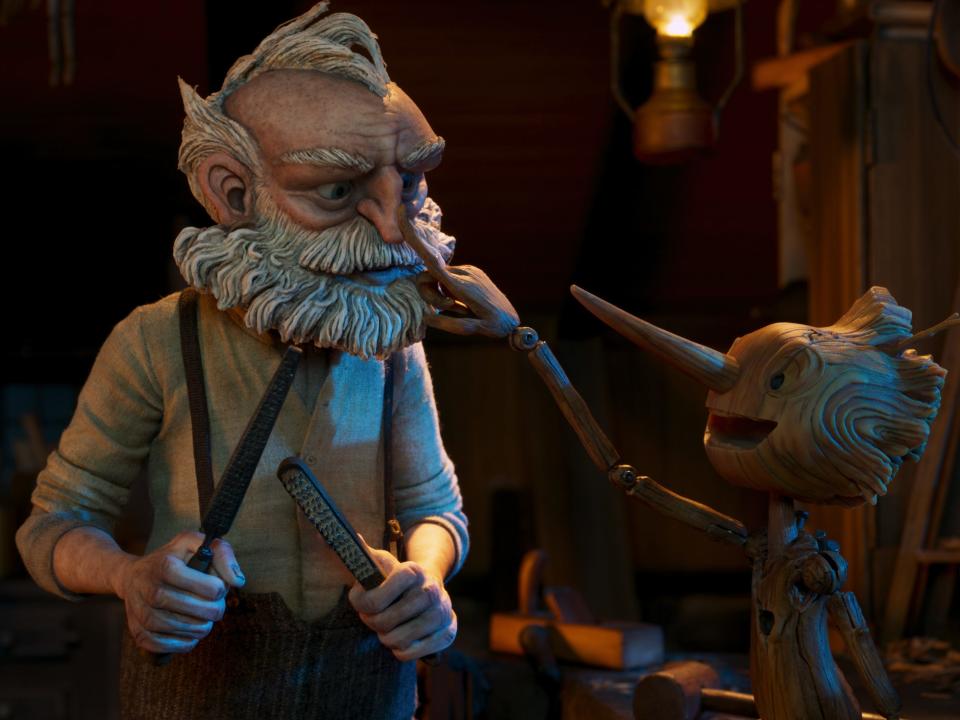 Gepetto (voiced by David Bradley) and Pinocchio (voiced by Gregory Mann) in "Pinocchio."