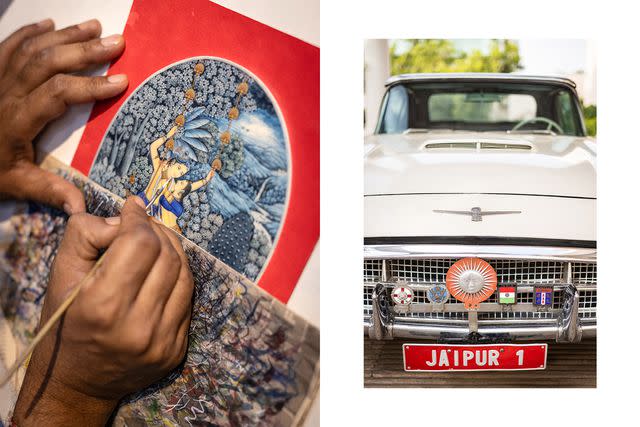 <p>Aparna Jayakumar</p> From left: Miniature painting in the studio of Udaipur's Shyam Arts; Maharaja Man "Jai" Singh's 1950s Ford Thunderbird at Rajmahal Palace.