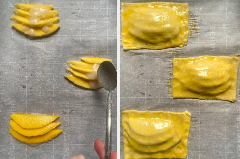 Mango coconut pastries on a baking tray