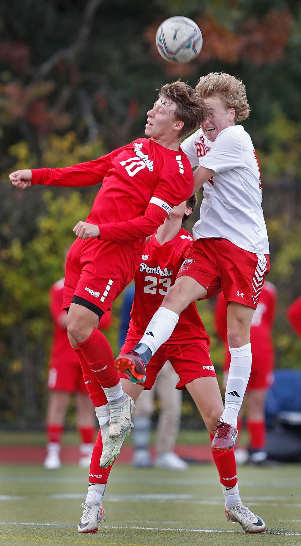 Double header Pembroke and Hingham #10's Quinn Reilly and Brayden Lawler leap to head the ball at mid field.

Pembroke hosted Hingham boys soccer on Tuesday, Oct. 10, 2023