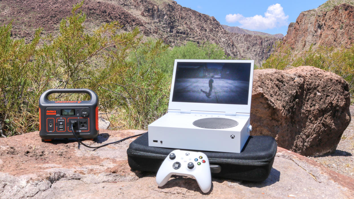  An Xbox Series S with an xScreen attached to it powered by a Jackery Explorer 300 portable power station 