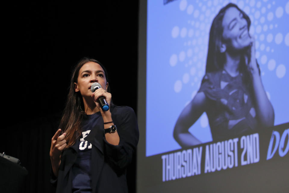 New York congressional candidate Alexandria Ocasio-Cortez addresses supporters at a fundraiser Thursday, Aug. 2, 2018, in Los Angeles. The 28-year-old startled the party when she defeated 10-term U.S. Rep. Joe Crowley in a New York City Democratic primary. (AP Photo/Jae C. Hong)