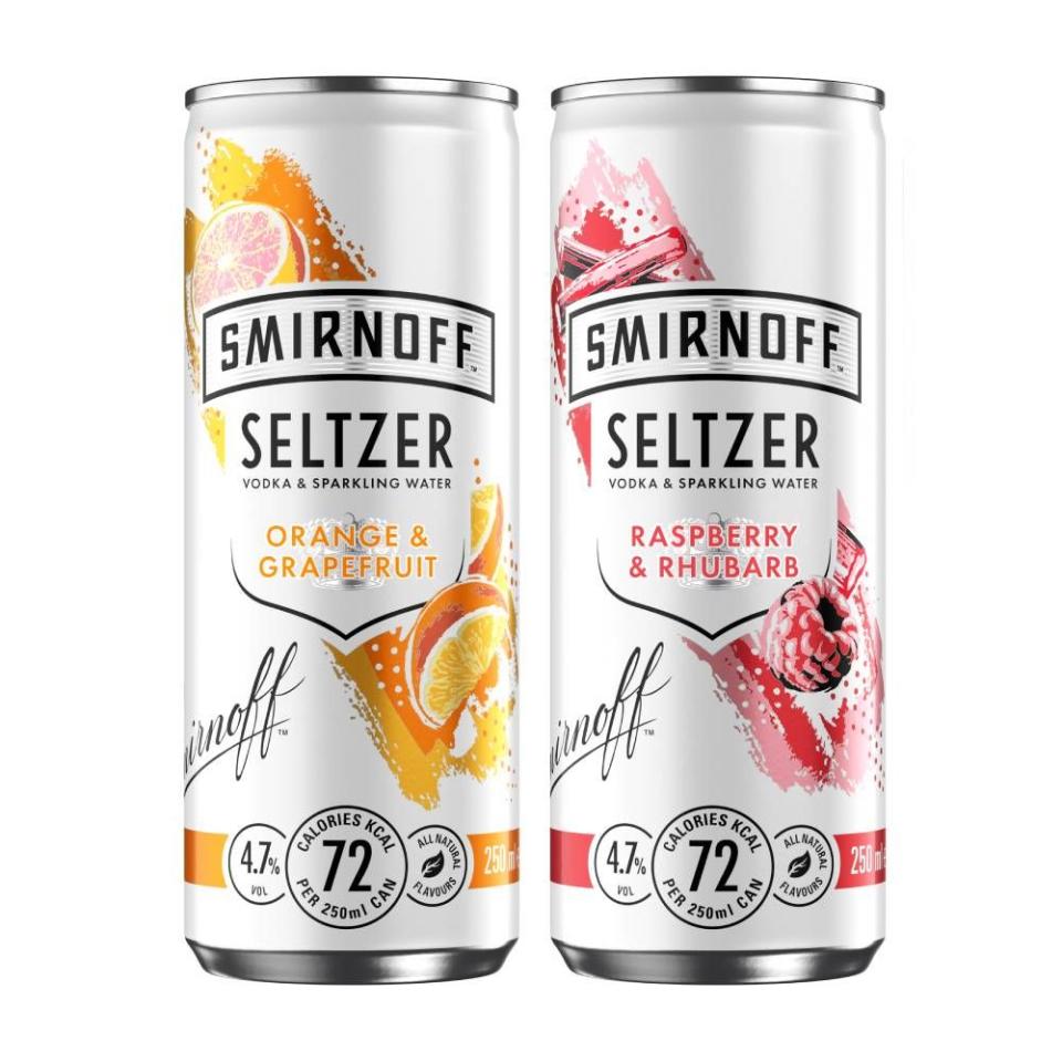 <p>Made from a mix of Smirnoff No.21 Premium Vodka, sparkling water and natural fruit flavours, these seltzers come in Orange & Grapefruit and Raspberry & Rhubarb and are 72 calories each. Yum!</p>