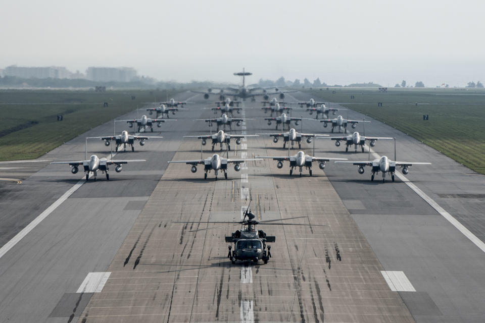 Fully armed aircraft from the 18th Wing conduct an elephant walk during a no-notice exercise April 12, 2017, at Kadena Air Base, Japan.. (Photo by: Hum Images/Universal Images Group via Getty Images)