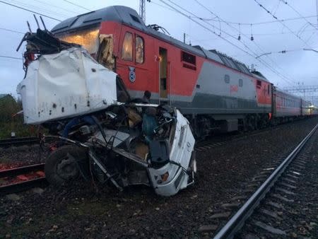 The wreckage of a passenger bus is seen after it was hit by a train at a crossing near the town of Pokrov, in Vladimir region, Russia October 6, 2017. Russian Interior Ministry/Handout via REUTERS