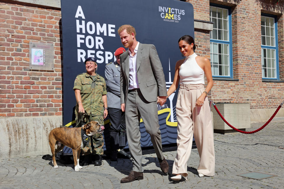 DUSSELDORF, GERMANY - SEPTEMBER 06: Prince Harry, Duke of Sussex and Meghan, Duchess of Sussex at the town hall during the Invictus Games Dusseldorf 2023 - One Year To Go events, on September 06, 2022 in Dusseldorf, Germany. The Invictus Games is an international multi-sport event first held in 2014, for wounded, injured and sick servicemen and women, both serving and veterans. The Games were founded by Prince Harry, Duke of Sussex who's inspiration came from his visit to the Warrior Games in the United States, where he witnessed the ability of sport to help both psychologically and physically. (Photo by Chris Jackson/Getty Images for Invictus Games Dusseldorf 2023)