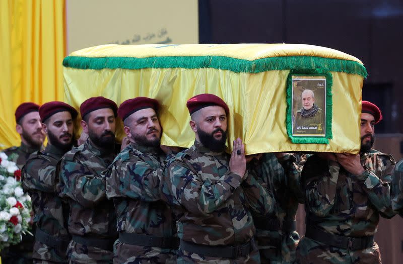 FILE PHOTO: Funeral of Mohammed Nasser, a senior commander of Hezbollah, in Beirut's southern suburbs