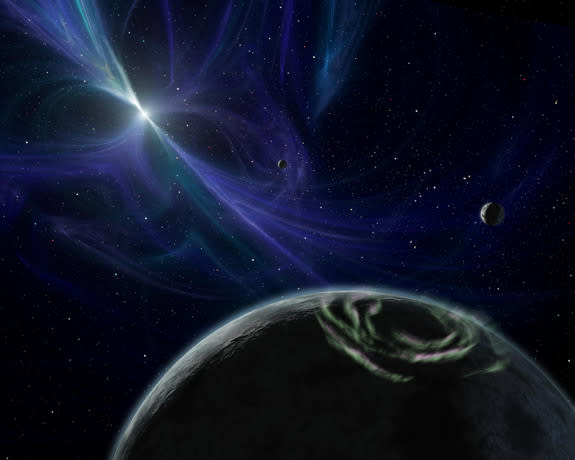 This artist's impression shows the planetary system around pulsar PSR B1257+12, one of two pulsars known to be host to at least one planet. Such planets around pulsars may have powerful electromagnetic wakes around them.