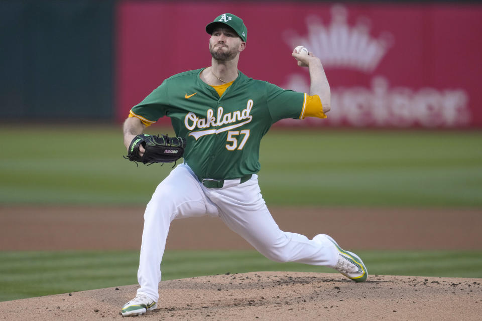 Oakland Athletics pitcher Alex Wood works against the Pittsburgh Pirates during the first inning of a baseball game in Oakland, Calif., Tuesday, April 30, 2024. (AP Photo/Jeff Chiu)