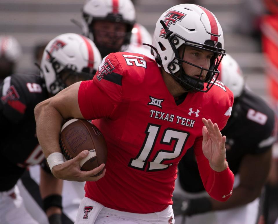 Texas Tech's quarterback Tyler Shough (12) runs with the ball during Spring Game, Saturday, April 22, 2023, at Lowrey Field at PlainsCapital Park. 