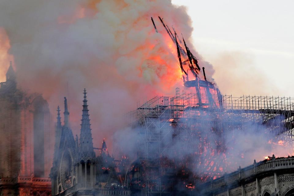 The French Gothic building is known for its stained-glass rose windows, flying buttresses and large spire, which collapsed onto the roof during the blaze. This spire replaced the original, which was damaged by wind and removed in the 18th century. The modern spire is made of oak wood covered with lead.