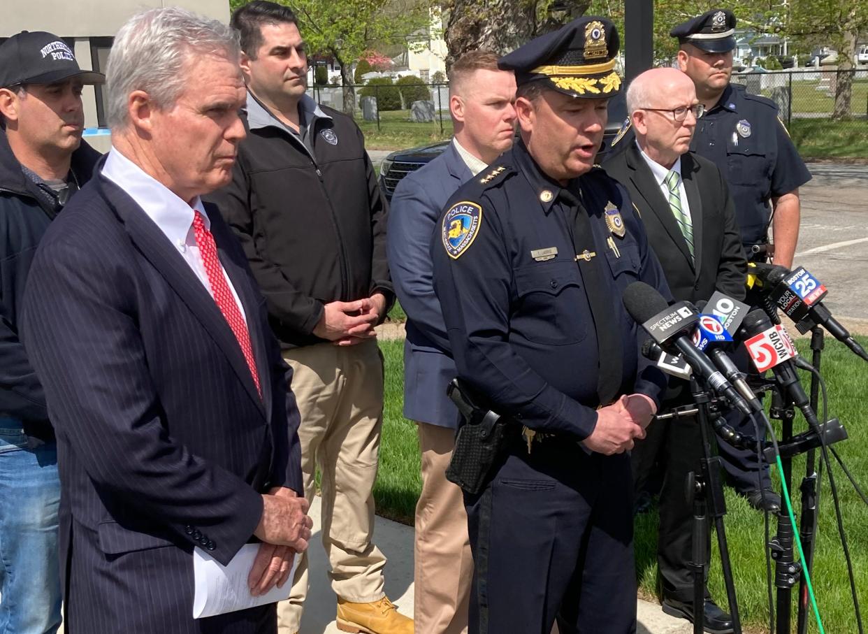 Worcester County District Attorney Joseph D. Early Jr. with Northbridge Police Chief Timothy Labrie at microphone.