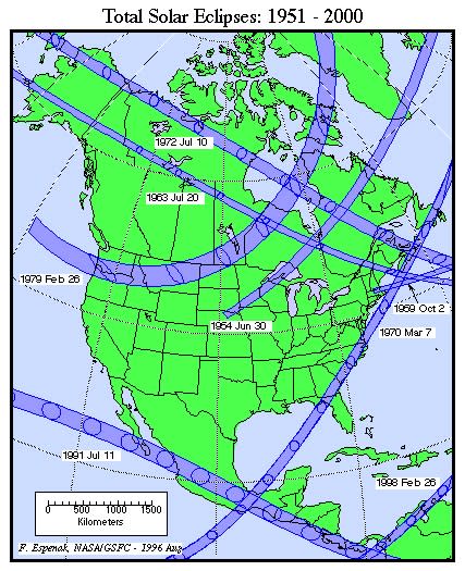 Map of the United States showing tracks of various eclipses between 1924 and 2024