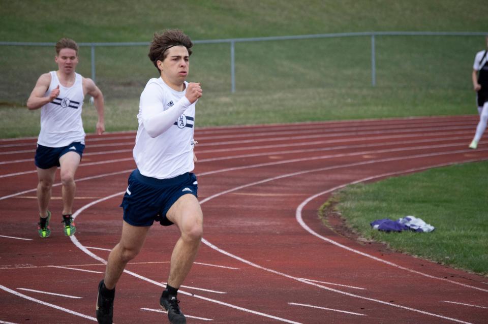 Colt Senior Bennett Fast leads the 400 meter sprint at the Bellevue jamboree this season.