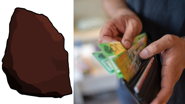 The cartoon rock which sold for $1.8 million and someone removing money from a wallet.