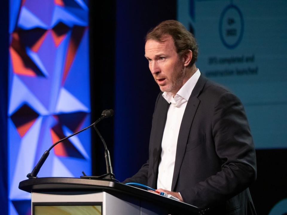  Sebastien de Montessus, chief executive of Endeavour Mining, speaks during the Gold Forum Americas in Colorado Springs in September 2023.