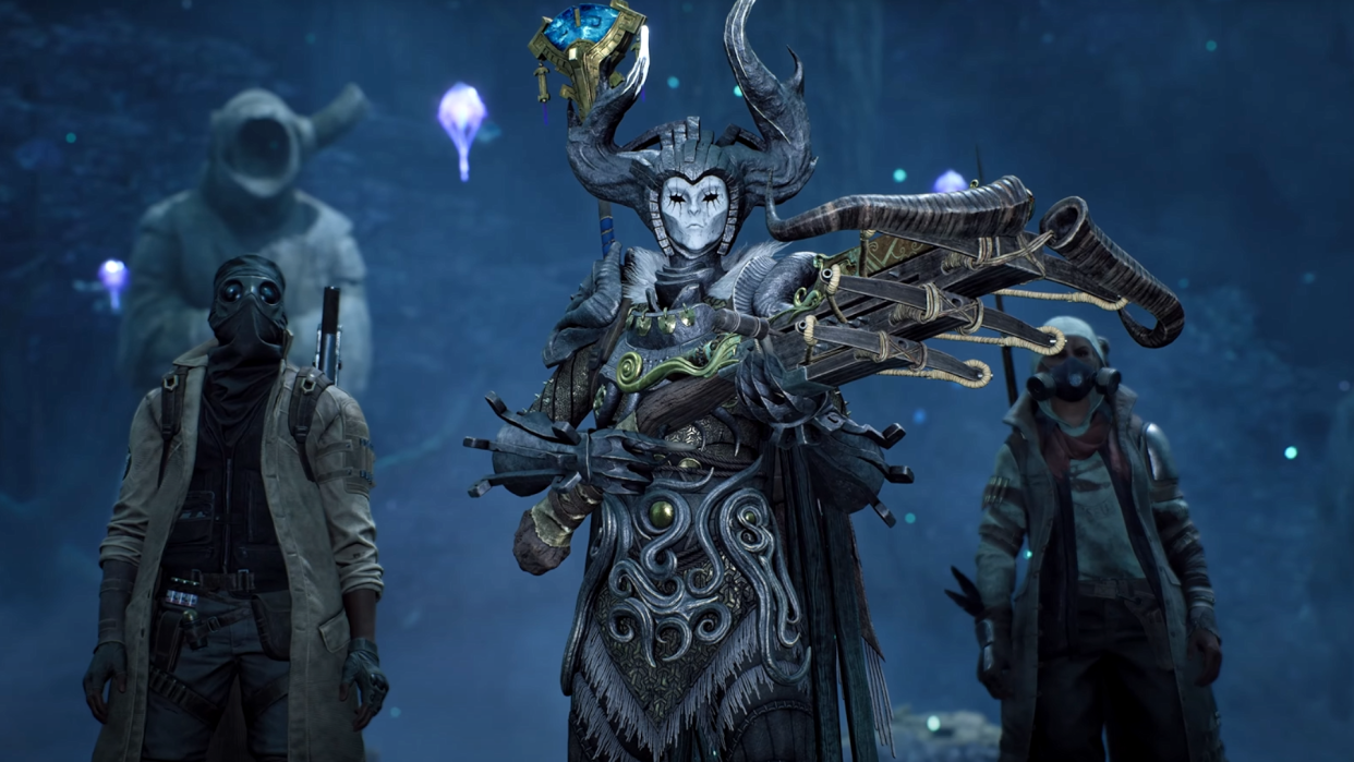  An image from the reveal trailer for Remnant 2's second DLC, The Forgotten Kingdom, featuring three travellers dressed to the nines in new, monster-slaying kits. 