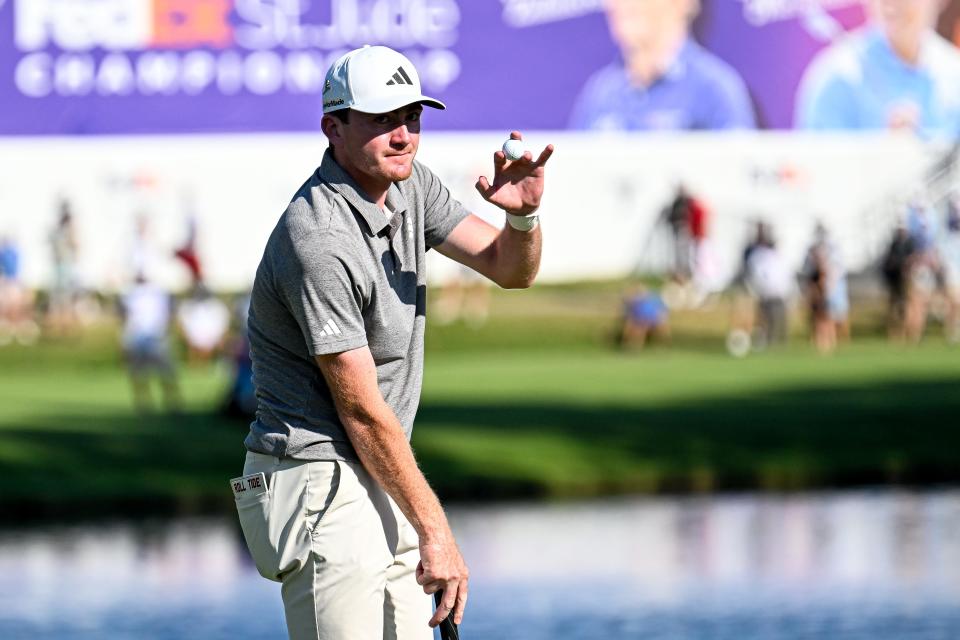 Nick Dunlap waves to the crowd after his round during the third round of the 2024 FedEx St. Jude Championship at TPC Southwind. (Steve Roberts-USA TODAY Sports)