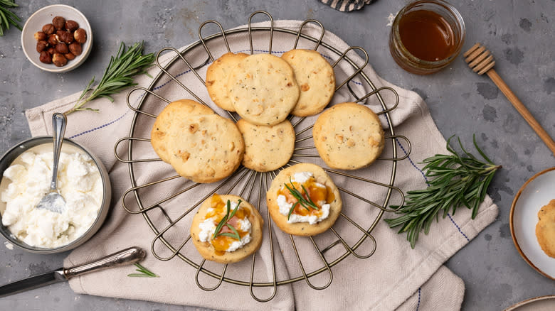 honey rosemary hazelnut shortbread on wire tray