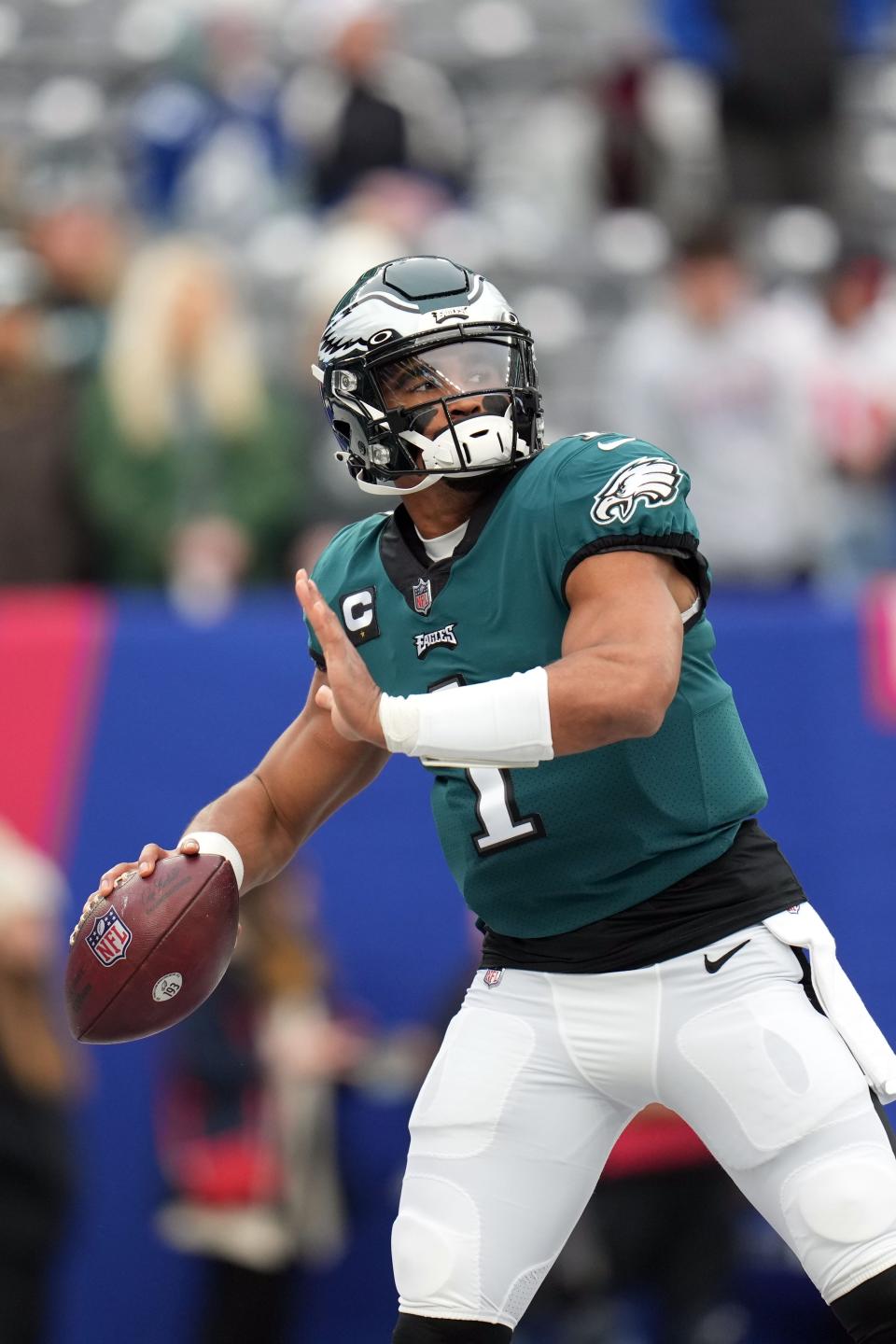 Philadelphia Eagles quarterback Jalen Hurts (1) warms up before the game at MetLife Stadium on Sunday, Nov. 28, 2021, in East Rutherford.