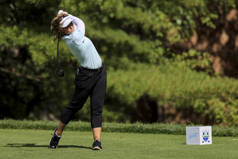 Brooke Henderson, of Canada, drives from the fifth tee during the second round of the LPGA Tour Kroger Queen City Championship golf tournament in Cincinnati, Friday, Sept. 9, 2022. (AP Photo/Aaron Doster)