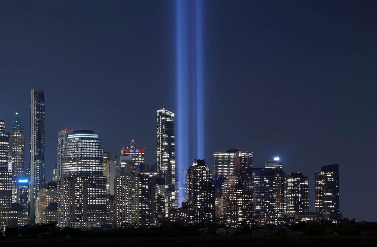 PHOTO: The annual Tribute in Light is illuminated above the skyline of lower Manhattan as it is set up to mark the 22nd anniversary of the 9/11 attacks in New York City, Sept. 5, 2023. (Gary Hershorn/ABC News)