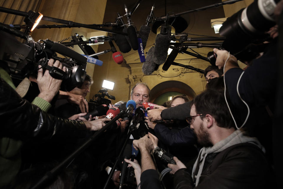 In this Thursday, Nov. 2, 2017 file photo, Eric Dupond-Moretti, lawyer of Abdelkader Merah speaks to reporters at the courthouse in Paris. Eric Dupond-Moretti, a 59-year-old criminal defense lawyer, was appointed Minister of Justice on Monday, July 6, 2020. His nomination was the biggest surprise of the new government, according to French media. (AP Photo/Christophe Ena)