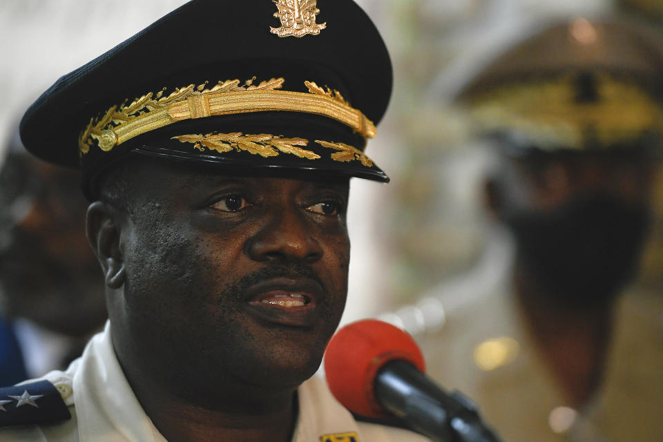 FILE - Haiti's new Police Chief Frantz Elbe speaks during a press conference in Port-au-Prince, Haiti, Nov. 9, 2021. Elbe said on May 9 that dozens of gang members have been arrested and dozens killed in clashes with police since he took over the department in October. (AP Photo/Matias Delacroix, File)