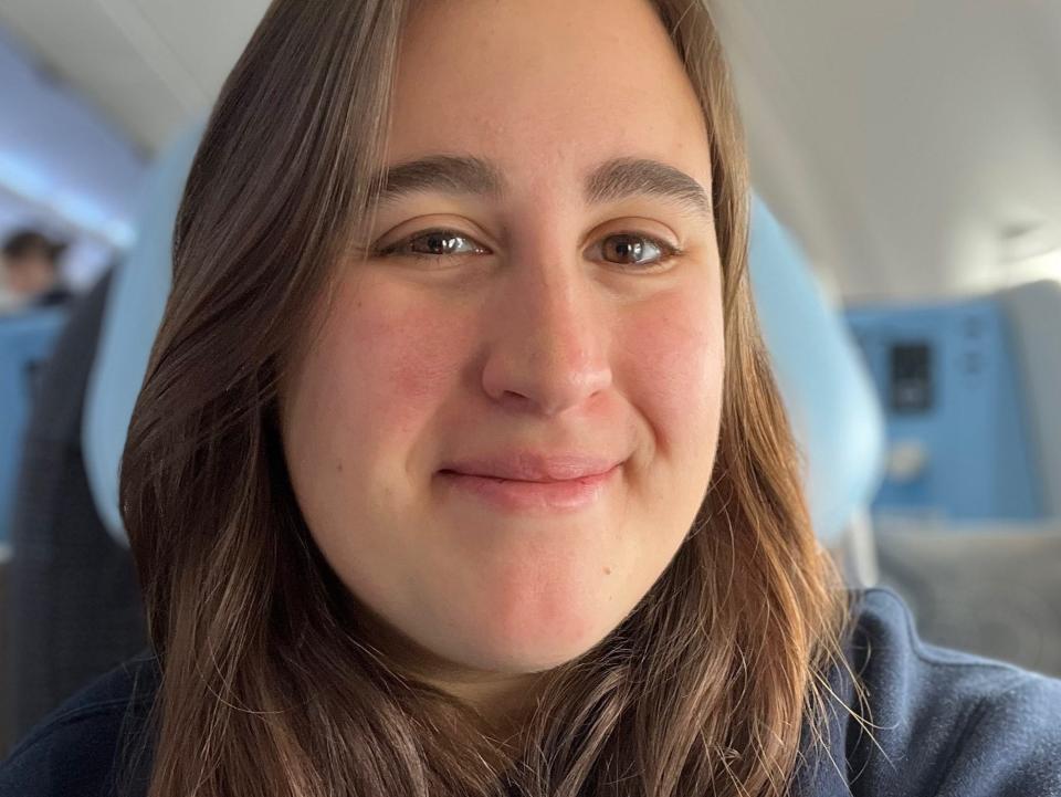 A selfie of the author sitting in her seat while on a flight with La Compagnie in February.