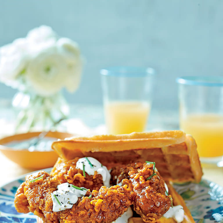 Hot Chicken-and-Waffle Sandwiches with Chive Cream