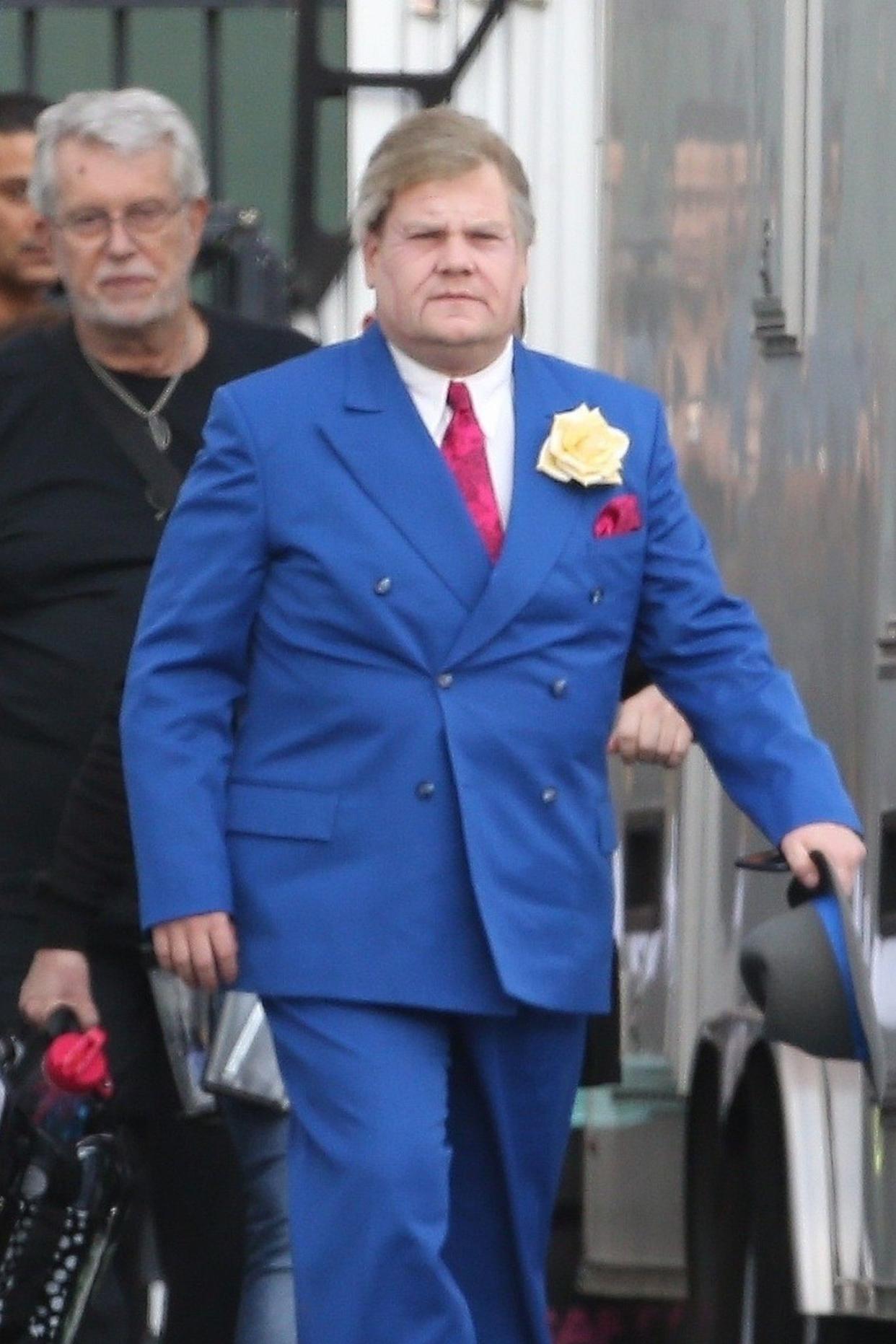 Get one of the first looks at James Corden and Meryl Street on the set of Ryan Murphy's new film, "The Prom." Corden is seen in costume as Barrry Glickman for the upcoming Netflix musical on Tuesday, Dec. 10, 2019, in downtown L.A.