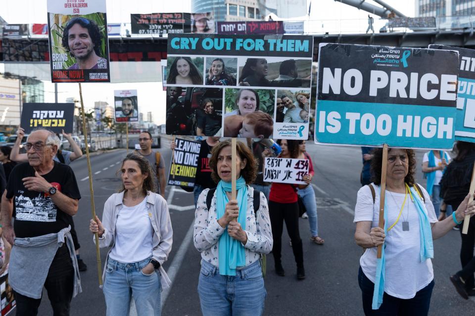 Families of hostages held in the Gaza Strip and supporters rally on April 03, 2024, in Tel Aviv, Israel, demanding that Prime Minister Benjamin Netanyahu get their loved ones back.