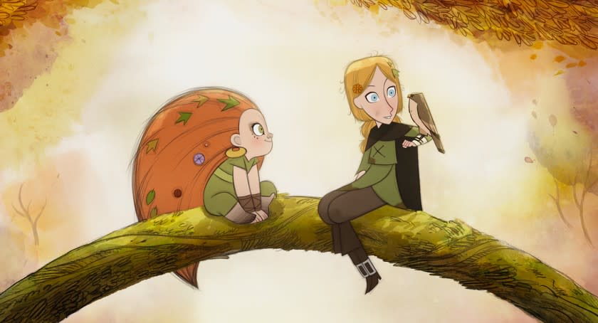 Robyn Goodfellowe and Mebh Óg Mactíre perched on a tree in the animated movie "Wolfwalkers."