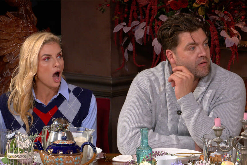 trishelle cannatella and ct tamburello sit at the breakfast table with shocked expressions, on 'the traitors' season 2