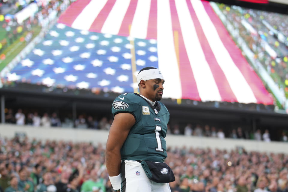 PHILADELPHIA, PENNSYLVANIA - NOVEMBER 5: Jalen Hurts #1 of the Philadelphia Eagles stands for the national anthem against the Dallas Cowboys at Lincoln Financial Field on November 5, 2023 in Philadelphia, Pennsylvania. (Photo by Mitchell Leff/Getty Images)