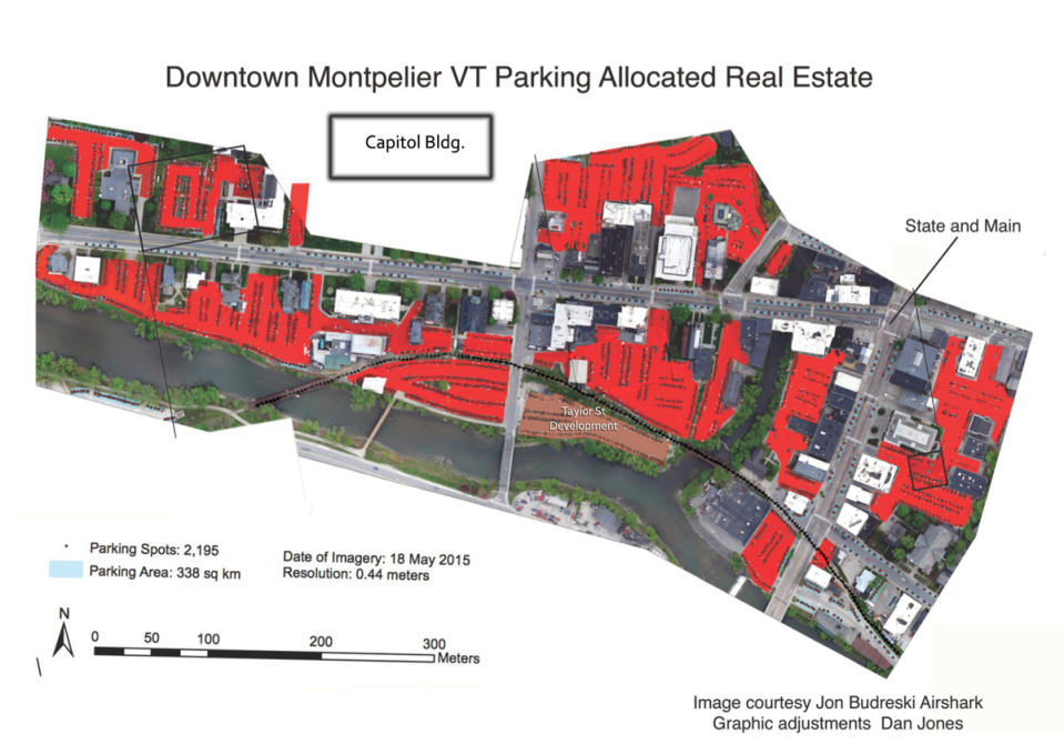 Red alert: Car parks in central Montpelier, Vermont (Jon Budreski/Airshark)