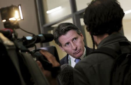 British politician and former athlete Sebastian Coe, listens to a question from a journalist after attending the North, Central America and Caribbean Senior Championships inauguration at the National stadium in San Jose, Costa Rica August 6, 2015. REUTERS/Juan Carlos Ulate