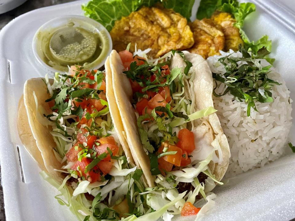 Two soft-corn gallos, Costa Rica's take on tacos, from Lapa's