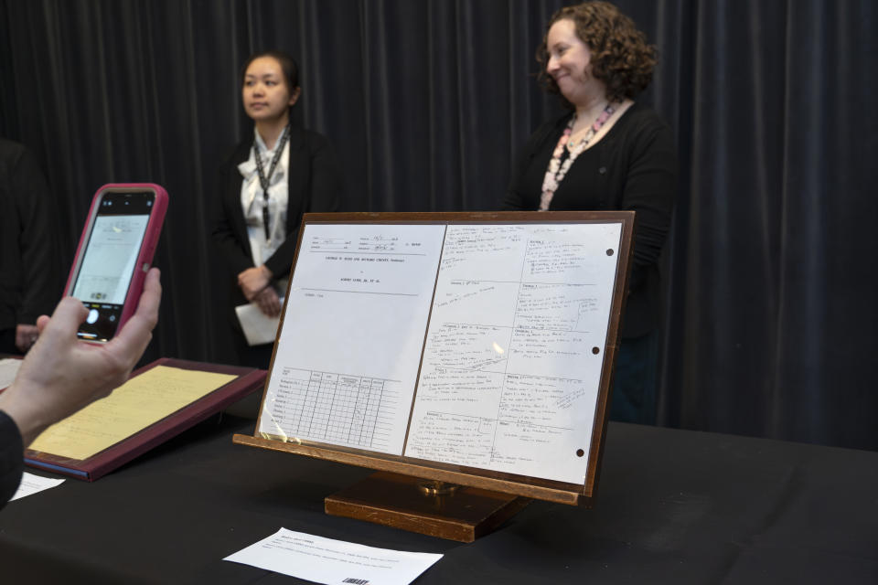 Papers of the late Supreme Court Justice John Paul Stevens are displayed, including his notes during Bush v. Gore, that will be made available to researchers at the Library of Congress, in Washington, Monday, May 1, 2023. (AP Photo/J. Scott Applewhite)