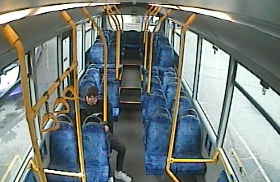 Thomas Griffiths on a bus home after he killed Ellie Gould (PA)