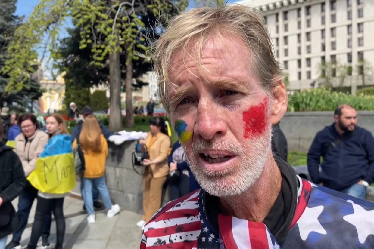 This screengrab taken from AFPTV on September 16, 2024 shows Ryan Wesley Routh speaking during an interview at a rally to urge foreign leaders and international organisations to help provide humanitarian corridors for the evacuation of civilians and Ukrainian servicemen from Mariupol in central Kyiv on April 27, 2022, amid Russia's invasion of Ukraine. US media said it was Routh, 58, who was arrested after US Secret Service agents 