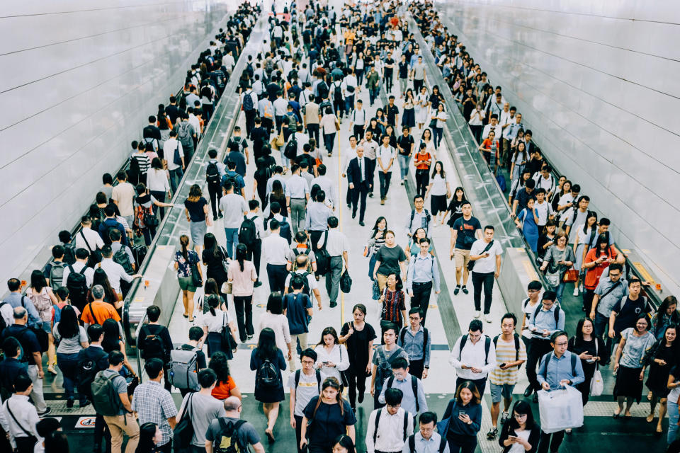 A crowded subway platform in China.