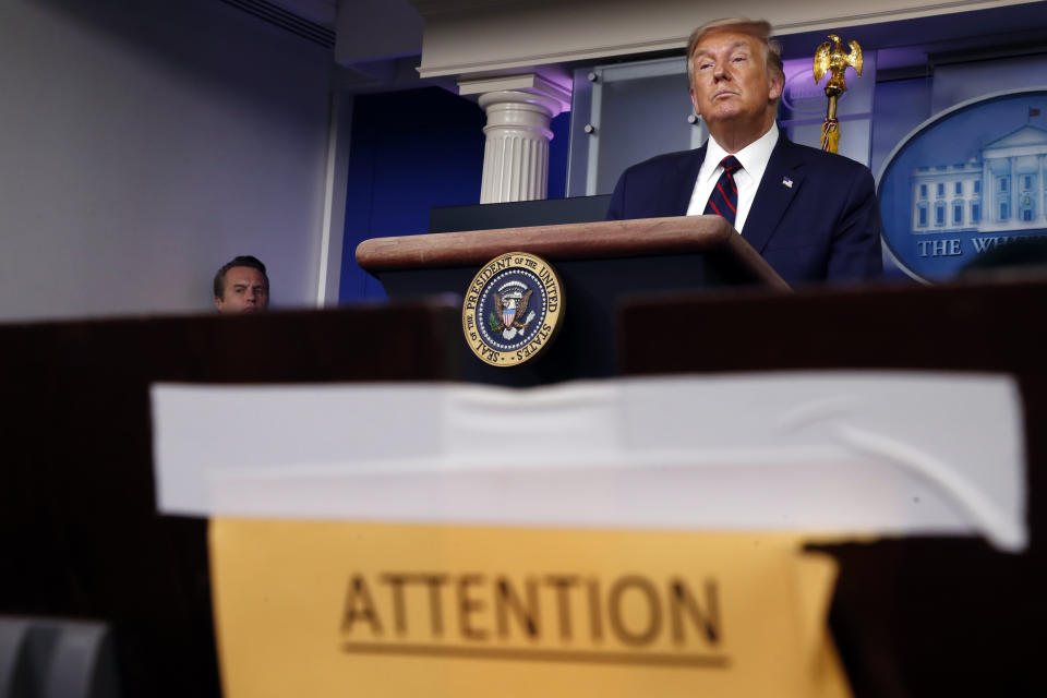 President Donald Trump speaks during a briefing with reporters in the James Brady Press Briefing Room of the White House, Tuesday, Aug. 4, 2020, in Washington.(AP Photo/Alex Brandon)